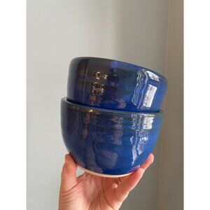 Handmade Cobalt Blue Stoneware Bowls Set Of 2 4.5" Diameter X 2.5" Height Signed